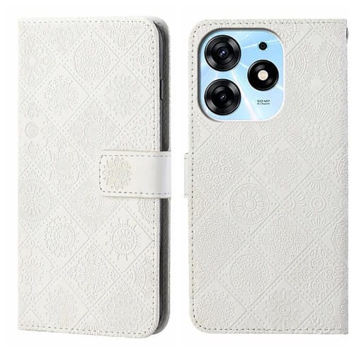 Funda de Cuero para Tecno Spark 10 Pro con Patrón en Relieve Étnico (Blanco)