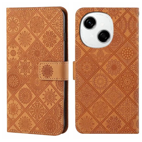 Funda de Cuero para Tecno Spark Go 1 con Patrón En Relieve Étnico (Marrón)