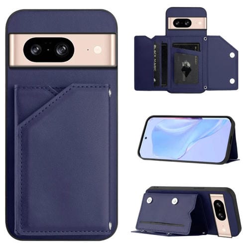 Funda para Google Pixel 8 Skin Feel con 4 Ranuras para Tarjetas y Correa para Muñeca (Azul)