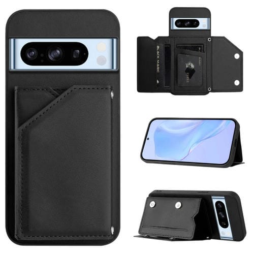 Funda para Teléfono Google Pixel 8 Pro Skin Feel con 4 Ranuras para Tarjetas y Correa para Muñeca (Negra)