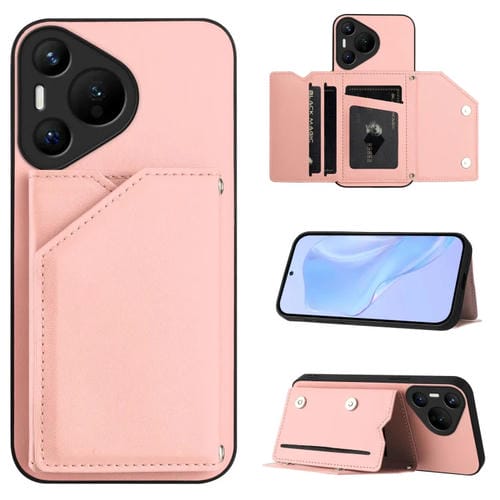 Funda para Teléfono Huawei Pura 70 Skin Feel con 4 Ranuras para Tarjetas y Correa para Muñeca (Rosa)