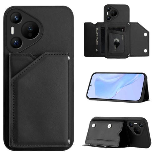 Funda para Teléfono Huawei Pura 70 Skin Feel con 4 Ranuras y Correa para Muñeca (Negra)