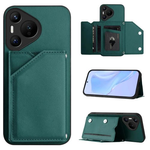 Funda para Teléfono Huawei Pura 70 Skin Feel con 4 Ranuras para Tarjetas y Correa para Muñeca (Verde)
