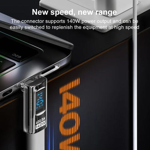 Adaptador Estéreo con Pantalla Digital PD 140 W Tipo C/USB-C a Tipo C/USB-C (Negro Claro)