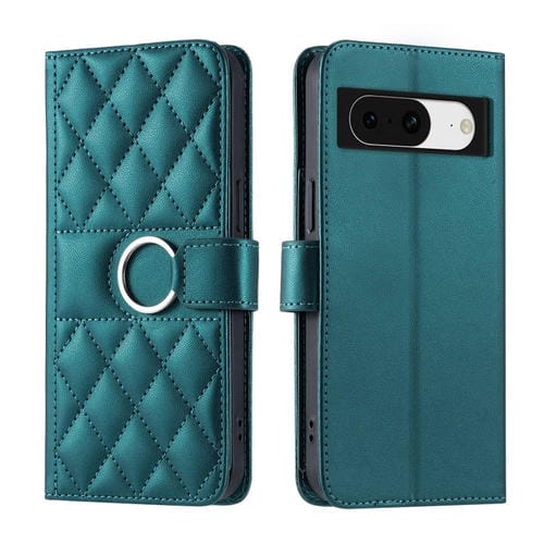 Funda de Cuero con Forma de Rombo y Hebilla de Anillo para Google Pixel 8A (Verde)