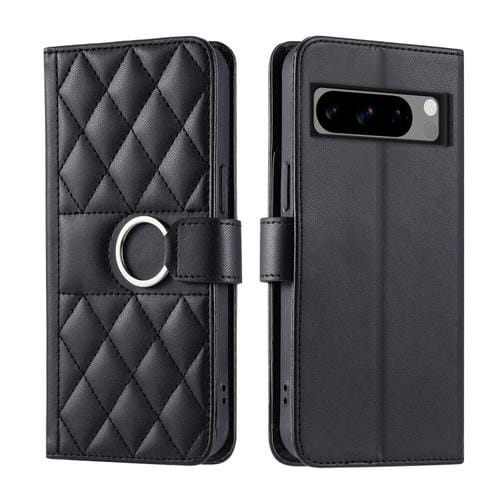 Funda de Cuero con Forma de Rombo y Hebilla de Anillo para Google Pixel 8 Pro (Negra)