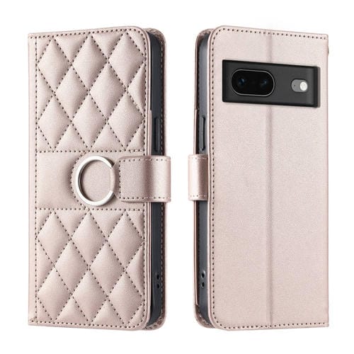 Funda de Cuero Google Pixel 7 con Diseño Rombal y Hebilla de Anillo (Oro Rosa)