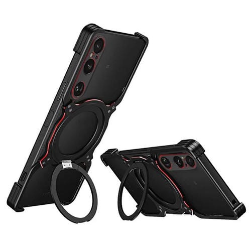 Funda metálica con soporte MagSafe sin bordes y brazo mecánico para Sony Xperia 1 VI (negro y rojo)