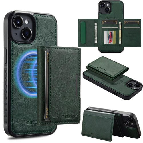 Funda para teléfono Lc.Imeeke L5 Series con funda tarjeta RFID desmontable Magsafe para iPhone 15 (Verde)