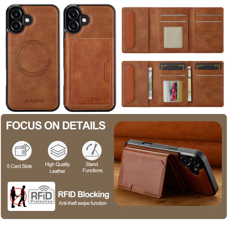 Funda para iPhone 17 LC.IMEEKE L5 con tarjetero RFID desmontable y Magsafe (marrón)