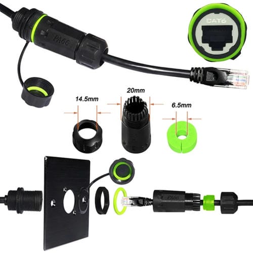 Conector Ethernet RJ45 8P8C Macho a Hembra Cat6 IP68 de 25 cm (Negro)