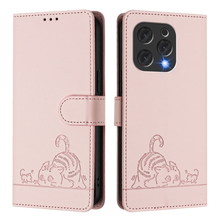 Funda de Cuero Rfid para Doogee N55 Plus con Estampado de Rata y Gato y Cordón (Rosa)