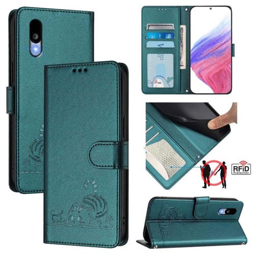Funda de Cuero Rfid para Sharp Basio Active 3 con Cordón Estampado Rata y Gato (Verde Pavo Real)