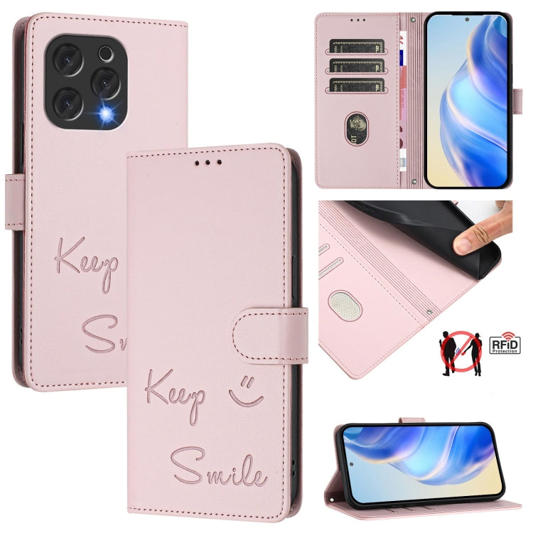 Funda de Cuero Rfid con Relieve Sonriente para Teléfono Doogee N55 Plus (Rosa)