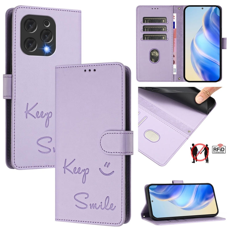 Funda de Cuero Rfid con Relieve Sonriente para Teléfono Doogee N55 Plus (Morado Claro)