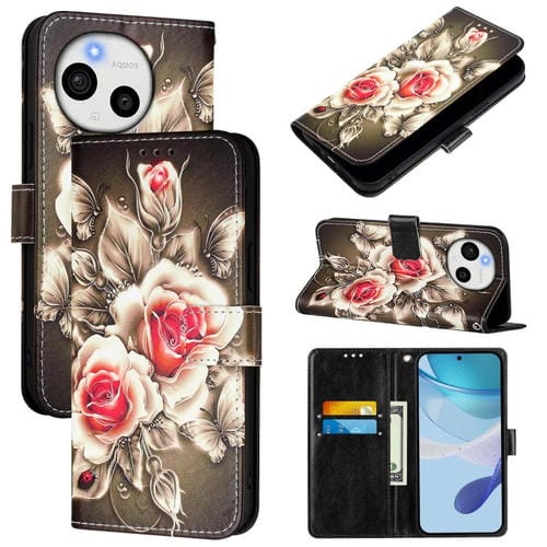 Funda de Cuero para Sharp Aquos Sense9 con Diseño de Dibujos (Rosas Sobre Negro)