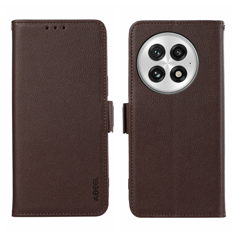 Funda de Cuero con Patrón de Lichi y Cierre Magnético Lateral para OnePlus 13 Abeel (Marrón)
