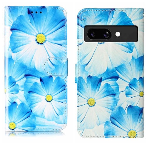 Funda de Cuero para Google Pixel 9A con Patrón de Mármol y Dibujo de Flor Azul