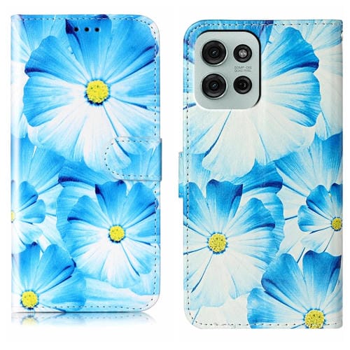 Funda de Cuero para Motorola Moto G75 con PatrĂłn de MĂĄrmol y Dibujo Flor Azul
