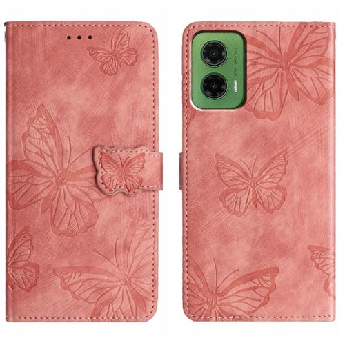 Funda de Piel con Relieve de Mariposa para Motorola Moto G35 (Rosa)