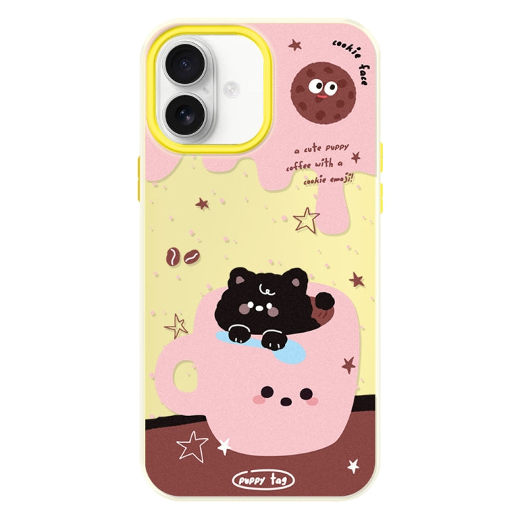 Funda híbrida TPU y Policarbonato iPhone 16 Cachorro taza de té (Amarillo)