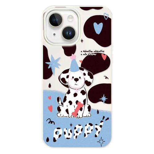 Funda híbrida TPU y Policarbonato iPhone 15 Cachorro con Manchas Blancas