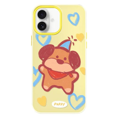 Funda híbrida TPU y Policarbonato iPhone 16 Plus Dibujo cachorro con crayones (Amarillo)