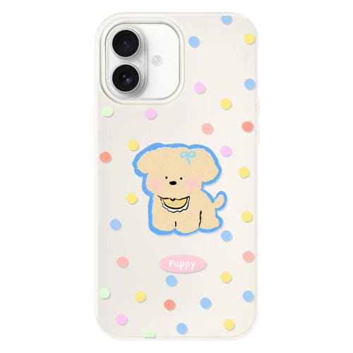 Funda híbrida TPU y PC iPhone 16 Plus Tacto Sedoso (Cachorro Amarillo y Blanco)