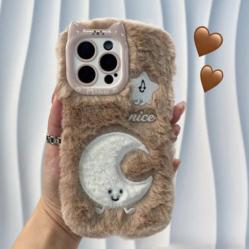 Funda de Silicona con Bordado de Peluche para iPhone 14 Pro (Luna)