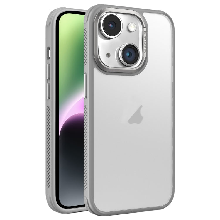 Estuche para Teléfono iPhone 14 Marco Lente Metal Esmerilado Sensación Piel Enfriamiento Lateral (Gris)