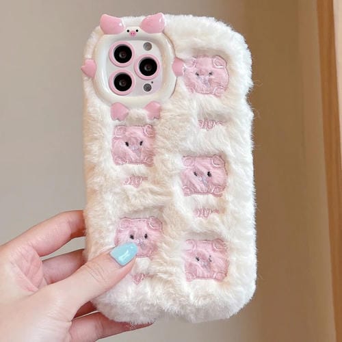 Funda de Teléfono TPU con Peluche Bordado para iPhone 14 Pro Max (Cerdo Rosa Beige)