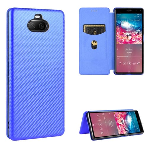 Para Sony Xperia 8 Funda de cuero con tapa magnética horizontal con textura de fibra de carbono TPU + PC + PU con ranura para tarjeta (azul)