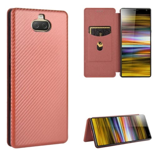 Para Sony Xperia 10 Funda de cuero con tapa magnética horizontal con textura de fibra de carbono TPU + PC + PU con ranura para tarjeta (marrón)