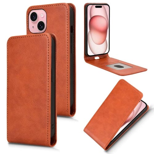Funda de Cuero con Tapa Vertical Magnética para iPhone 15 Plus (Marrón)