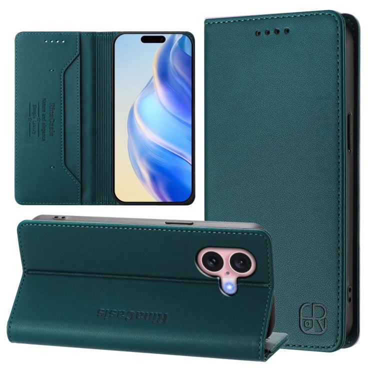 Funda de Cuero para iPhone 16 Plus Rc01 Doble Pliegue Succión Magnética (Verde Oscuro)