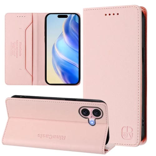 Funda de Cuero para iPhone 16 Rc01 Doble Pliegue Succión Magnética (Rosa)