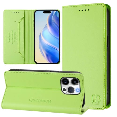 Funda de Cuero iPhone 15 Pro Max Rc01 Doble Pliegue Succión Magnética (Verde Hierba)