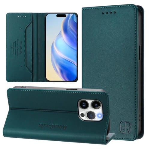 Funda de Cuero Rc01 para iPhone 15 Pro Max con Doble Pliegue y Succión Magnética (Verde Oscuro)