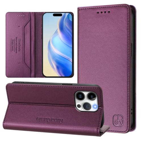 Funda de Cuero Rc01 para iPhone 15 Pro Max con Doble Pliegue y Succión Magnética (Violeta)