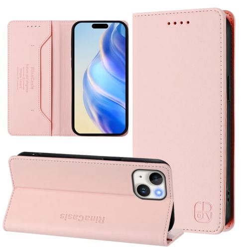 Funda de Cuero Rc01 para iPhone 15 Plus con Doble Pliegue y Succión Magnética (Rosa)