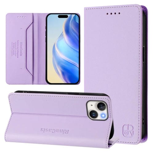 Funda de Cuero para iPhone 13 Mini Rc01 Doble Pliegue Succión Magnética (Morado Claro)