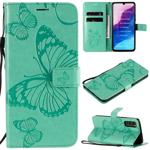 Para Huawei Enjoy Z 3D Mariposas Patrón de relieve Funda de cuero con tapa horizontal con soporte y ranura para tarjeta y billetera y cordón (verde)