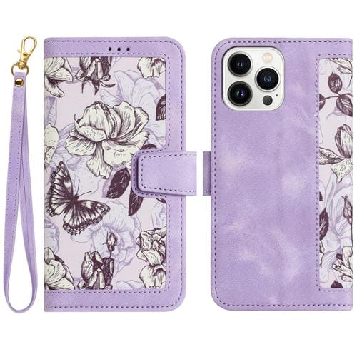 Funda de Cuero para iPhone 16 Pro con Estampado Floral y Cordón (Morado Claro)