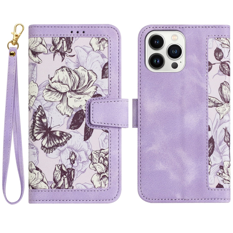 Funda de Cuero para iPhone 14 Pro Estampado Floral con Cordón (Morado Claro)