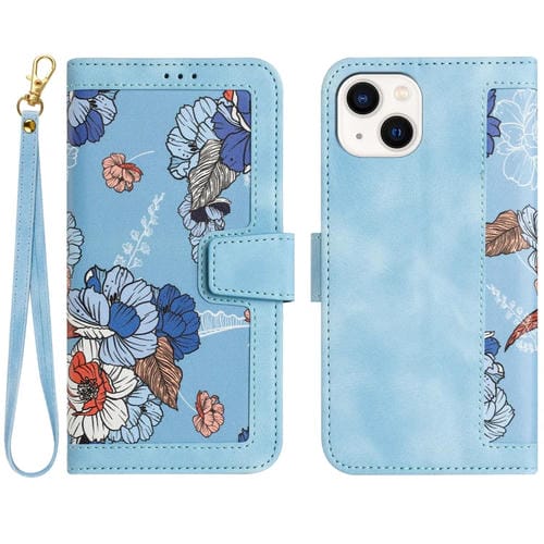 Funda de Cuero iPhone 13 Pro Estampado Floral con CordĂłn (Azul Claro)