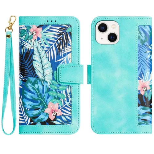 Funda de Cuero para iPhone 13 Pro Estampado Floral con CordĂłn (Verde)