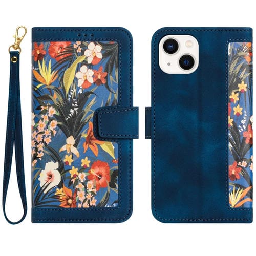 Funda de Cuero para iPhone 13 Pro Estampado Floral con CordĂłn (Azul Oscuro)