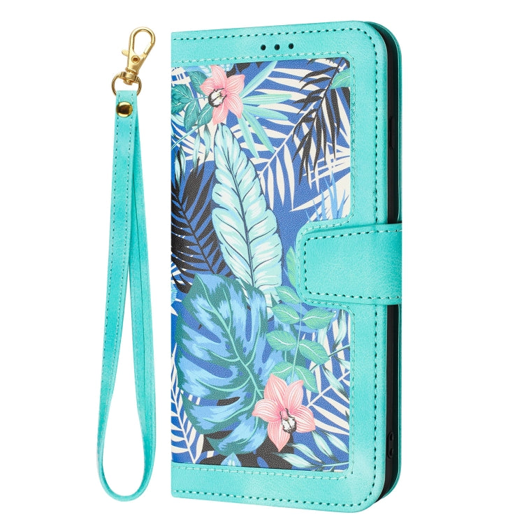 Funda de Cuero iPhone 12 Pro Max Estampado Floral con Cordón (Verde)