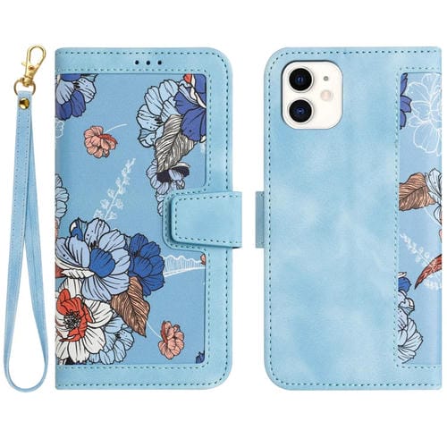 Funda de Cuero iPhone 11 Estampado Floral con Cordón (Azul Claro)