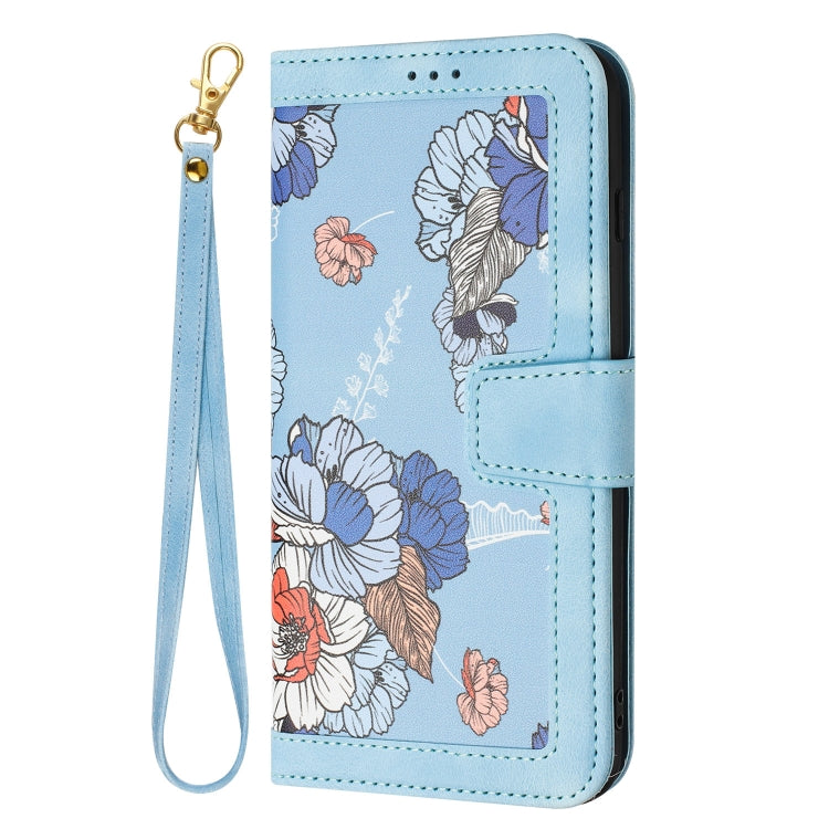 Funda de Cuero para iPhone 11 Pro con Estampado Floral y Cordón (Azul Claro)